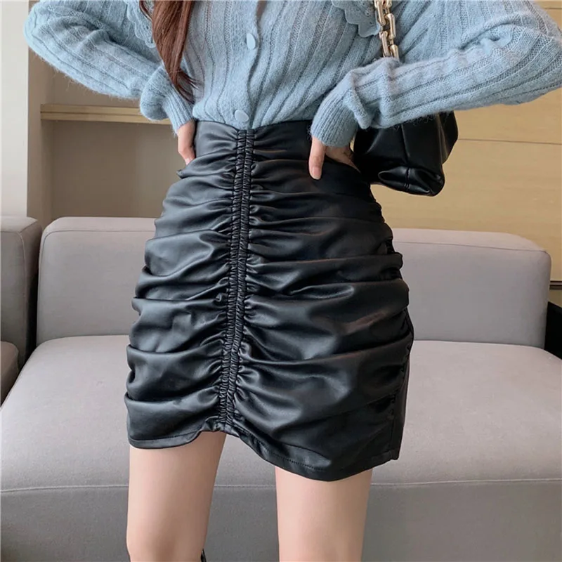 Черного цвета из искусственной кожи мини-юбки со складками Женская юбка-карандаш