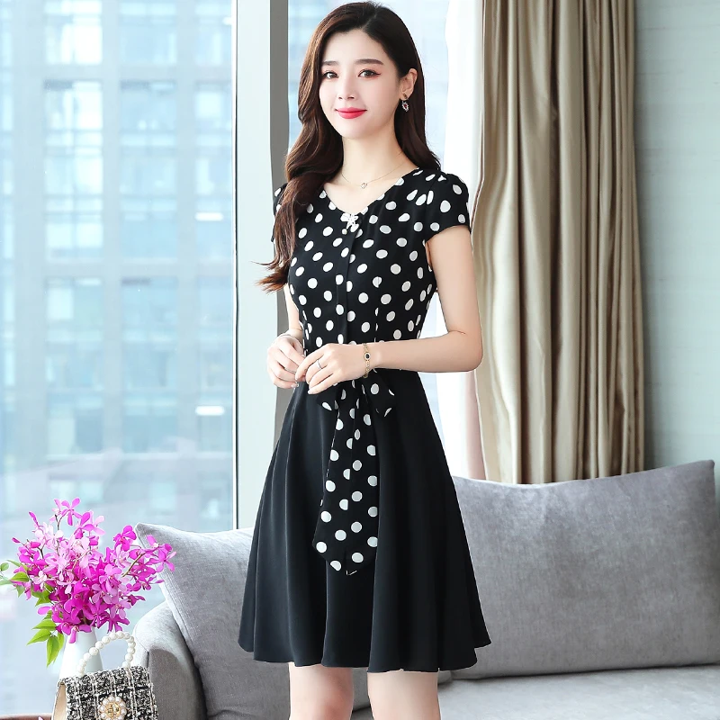 Женское платье в горошек повседневное винтажное средней длины полоску Корейском