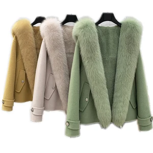 Двухстороннее шерстяное пальто с большим воротником из лисьего меха, Женская парка с подкладкой из меха кролика