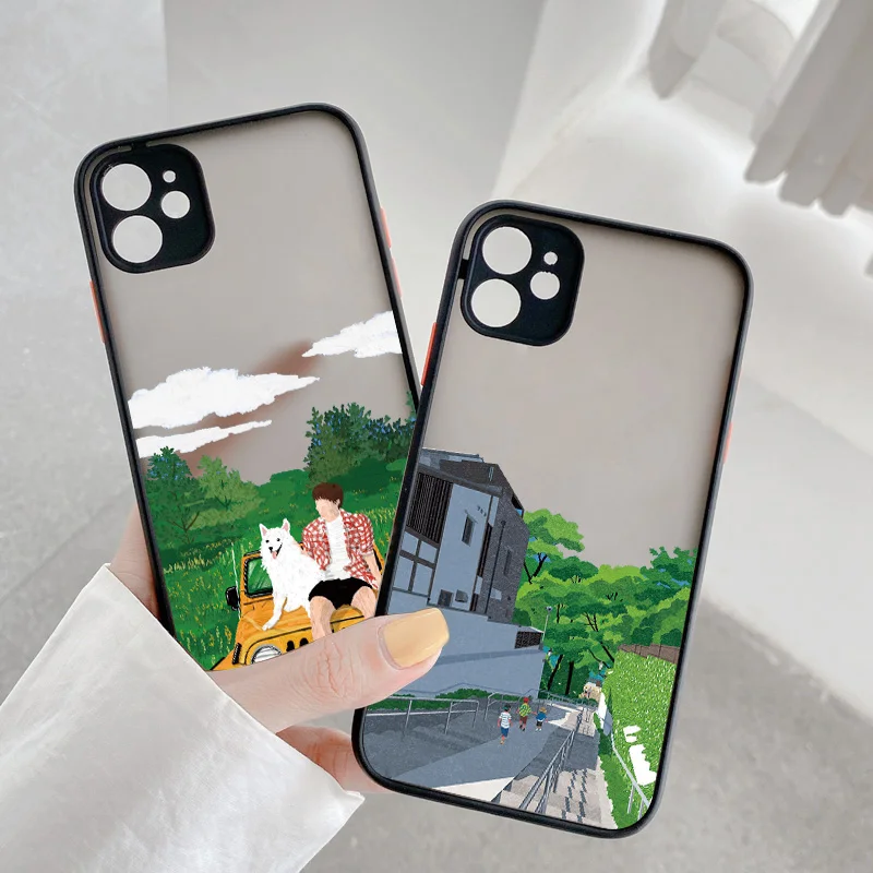 Cartoon Scenery Phone Cases For iphone 7 8 Plus SE2020 11 12 13 Pro Max X XR XS MAX boy and girl Dog Cat Hard Shockproof Cover