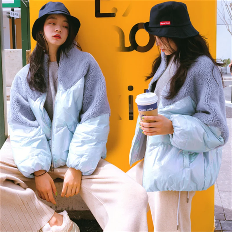 Korean Elegant Lamb Wool Patchwork Winter Coat Women Sweet Preppy Style Girl Jacket Fashion Bright Color Short Parkas | Женская одежда