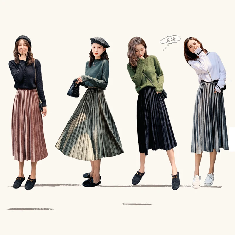 Spring Autumn New Women's Velvet A-line skirt 2021 New Korean Version Loose Fashion Large Size Pleated Skirt s486