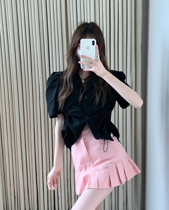 Черная рубашка во французском стиле популярный костюм для девочек летняя