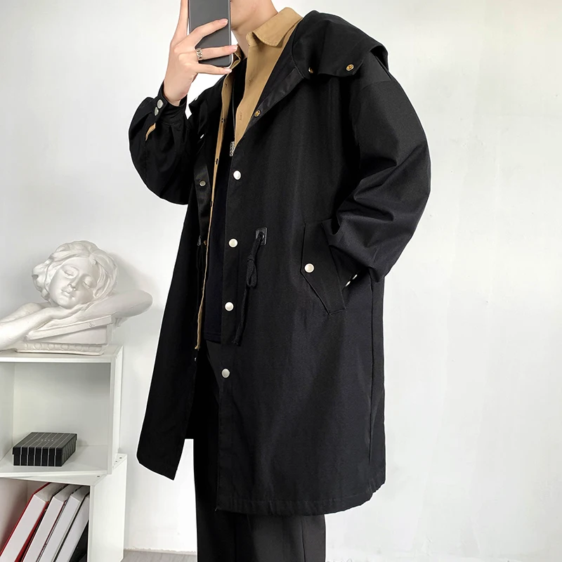 

New Autumn Long Trenchcoat Men's Fashion Black White Hooded Windbreaker Button Pocket Trench Coat Streetwear Youth Clothes