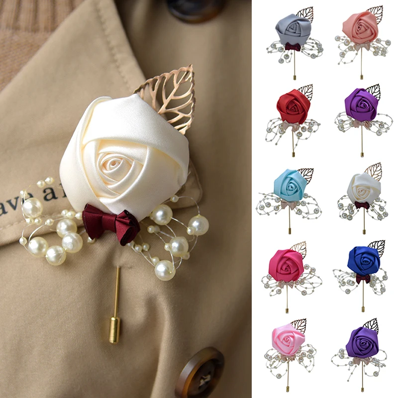 

Wedding Prom Corsage Flower Brooch Groom Groomsmen Boutonniere Rose Pearl Bow Glod Leaf Suit Lapel Pin Silk Flower Boutonniere