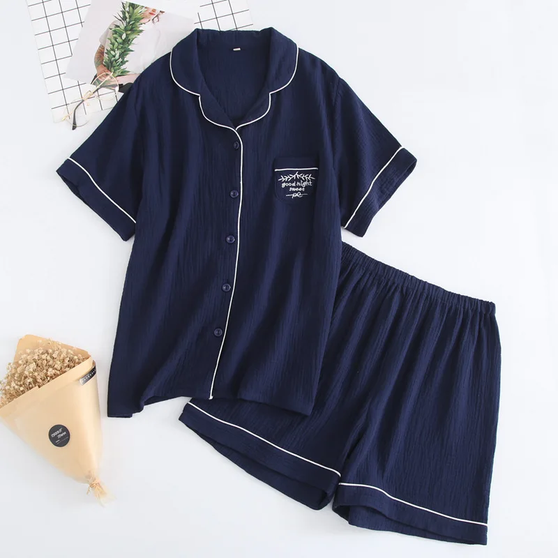 Summer Pajamas Set Women Pure Cotton Short Sleeved Sleepwear with Shorts Crepe Soft Thin Pure Color Simple Ladies Loose Homewear