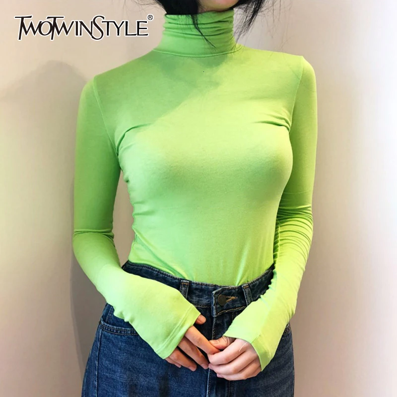 TWOTWINSTYLE, белые, минималистичные женские футболки, водолазка, длинный рукав, тонкая Корейская женская рубашка, осень, модная новая одежда