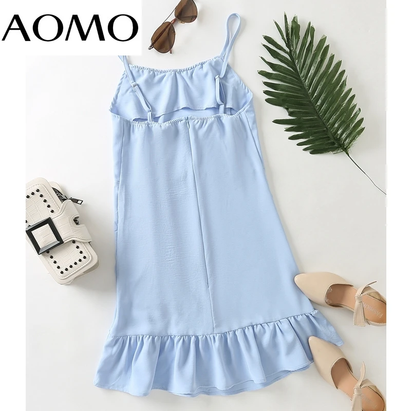 

AOMO 2021 Summer Women Blue Ruffles Beach Dress Sleeveless Ladies Mini Robe DA184A