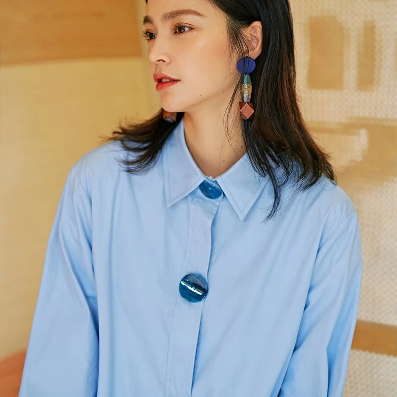 2019 Autumn Original Gloria&ampGrace Fashion Blue Casual Patchwork Button Women Chiffon Oversize Loose TOP Blouse Shirt |