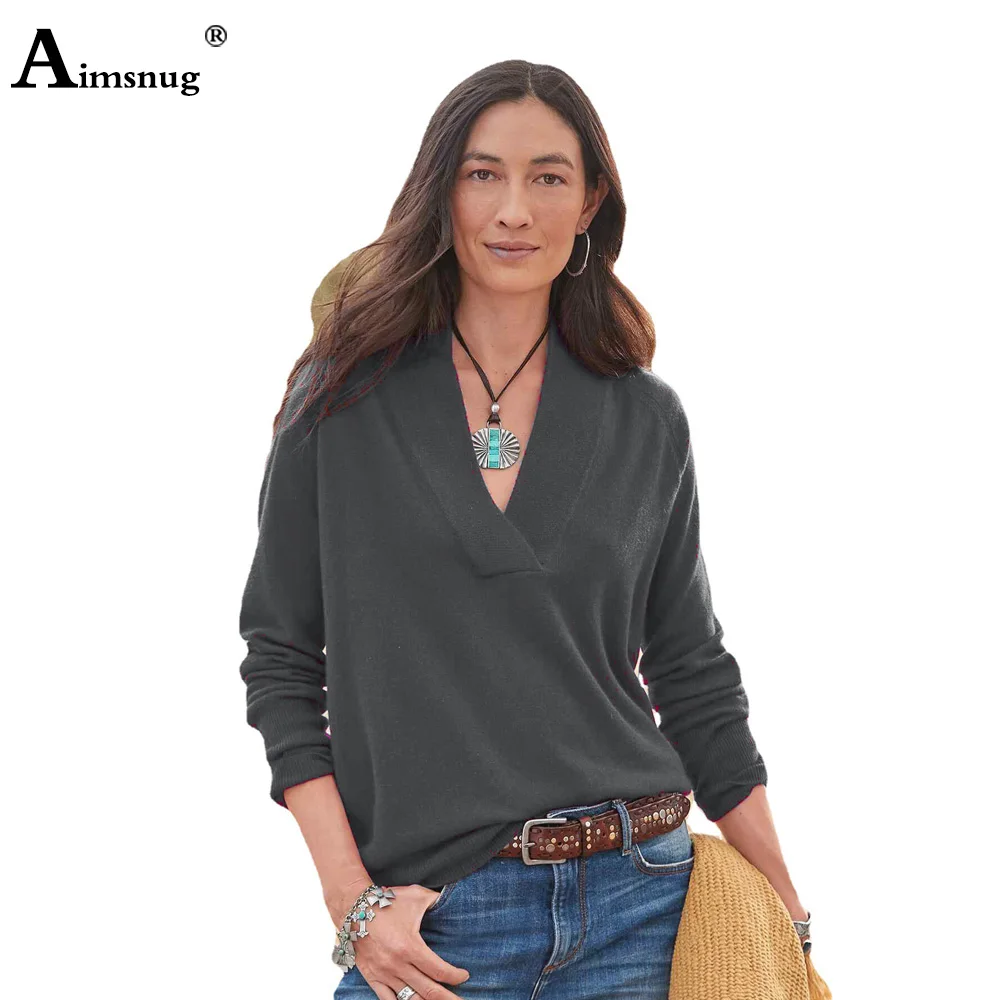 

Vintage Knitted Sweaters Women Long-sleeve Basic Tops Streetwear 2022 Autumn Casual Pullovers Ladies Solid V-neck Sweater Femme