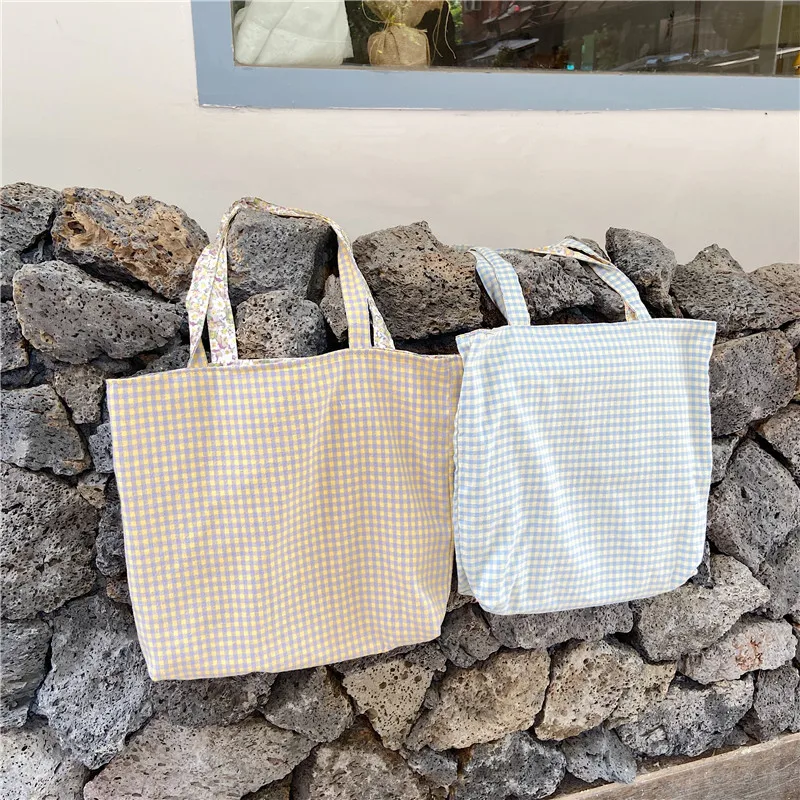 

Retro Flower Women Canvas Shoulder Bag Vintage Plaid Double-side Ladies Shopping Bag Student Girls Large Capacity Tote Handbags