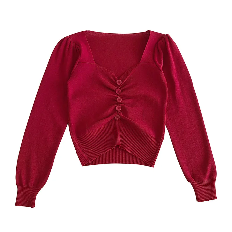 

Women's Spring Autumn Tops Korean Style The V-neck Pleated Button Knitted Sweaters New Long-sleeved Short Female Top GX517
