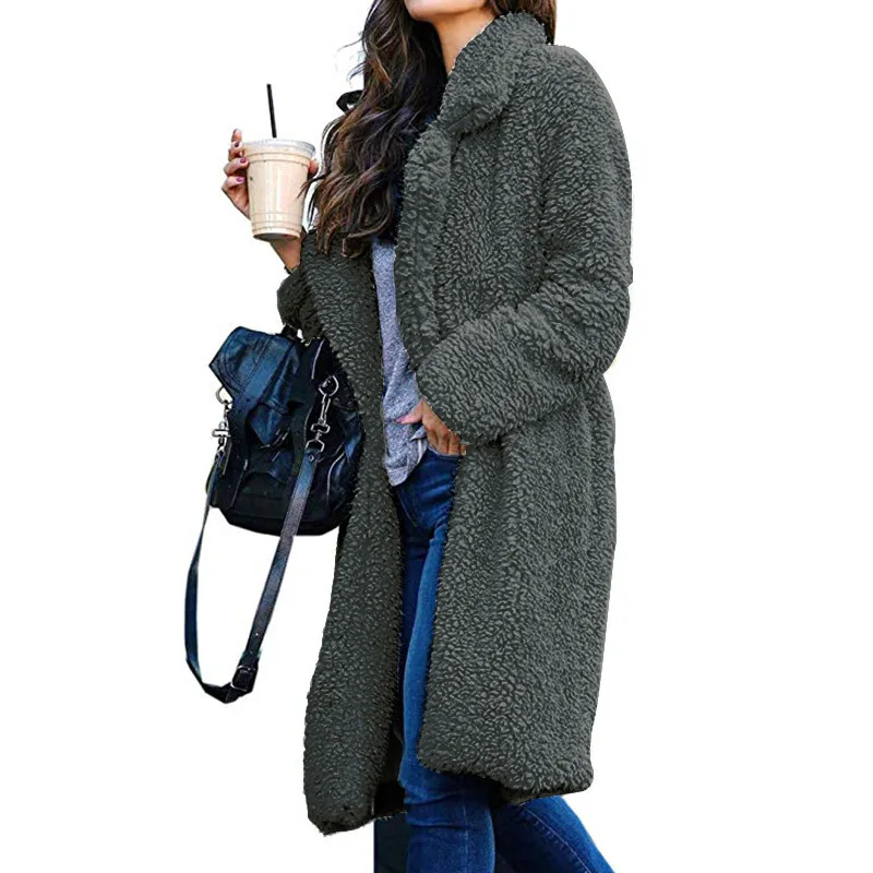 

women's woolen long coat winter warm turn down collar fashion high street autumn outer clothes for ladies faux fur jackets girls