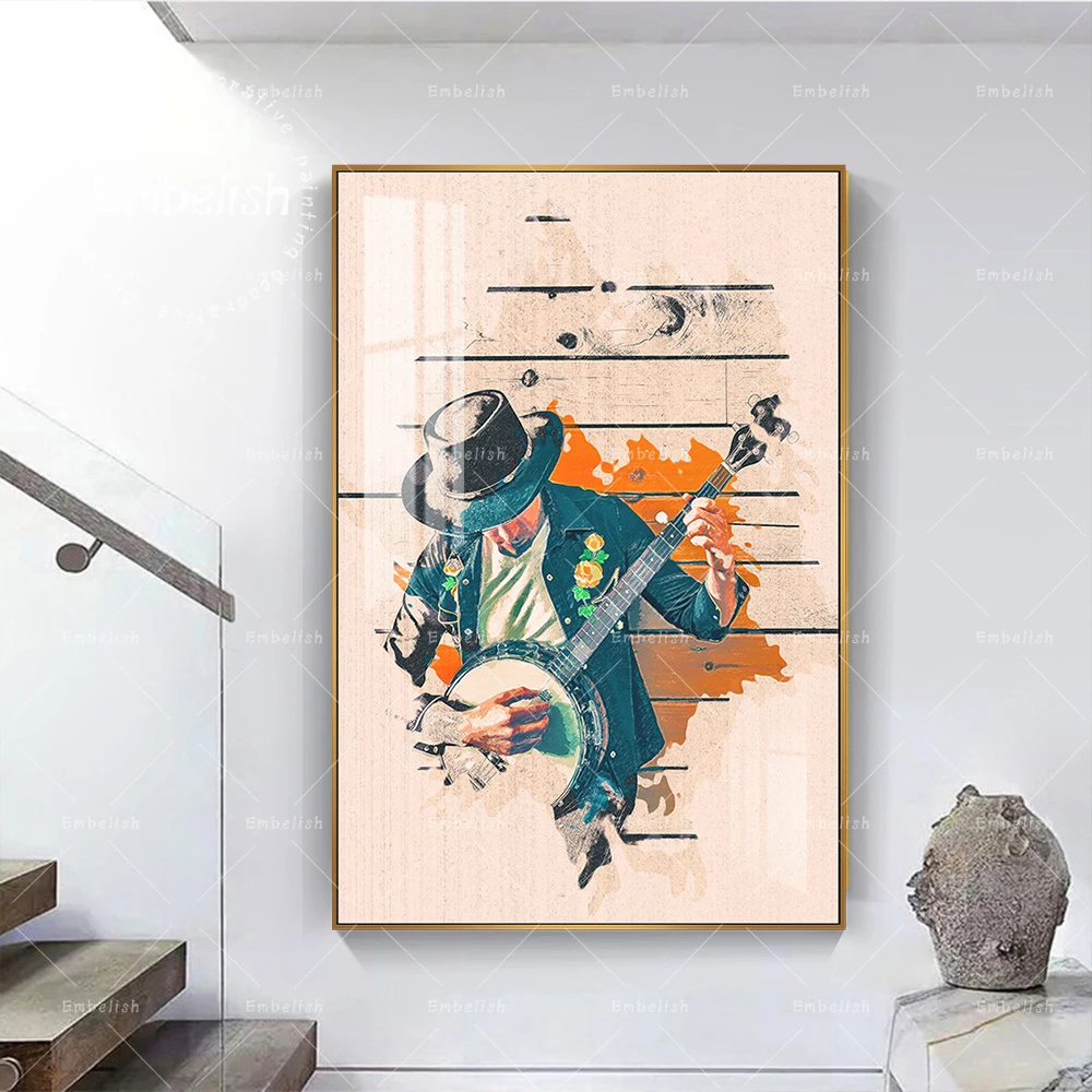 

1 Pieces Watercolor Hand Draw Playing Guitar Musical Instrument Wall Pictures For Living Room Home Decor Posters Canvas Painting