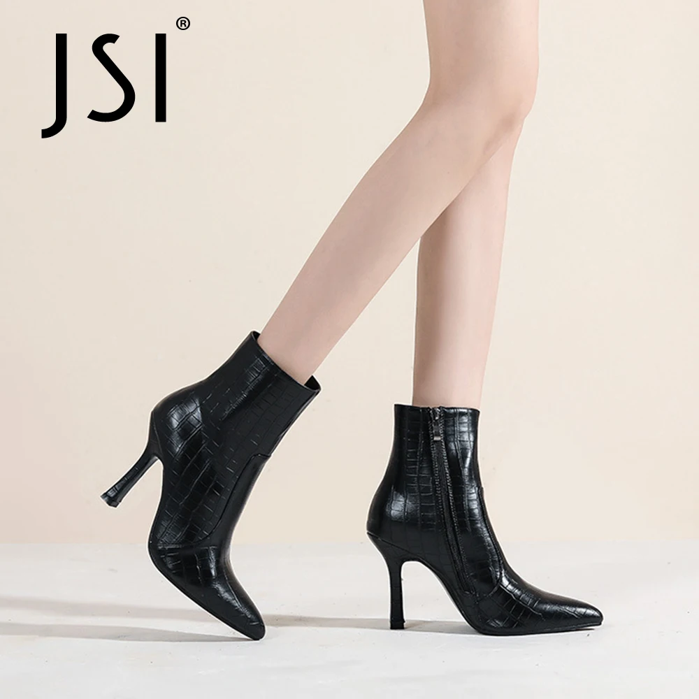 

JSI Ankle Boots Women Sexy Thin Heels Pointed Toe Plus Size Boots Stone Pattern Side Zipper Party Wedding Lady Shoes VO886