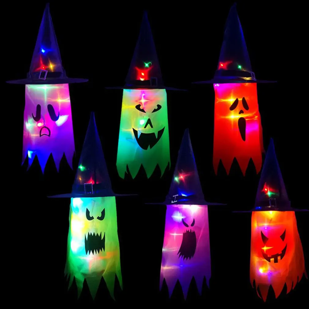 

Hot High Quality Glowing Halloween Holiday LED Lights Hat Pendant Witch Hat Garden Hotel Wedding Decoration Lights Hat
