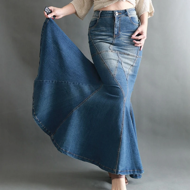 

Big Fish Tail Denim Skirt Women Long Skirt Floor-Length Patchwork Mermaid Trumpet Empire High Waist Jeans Stretchy vintage style