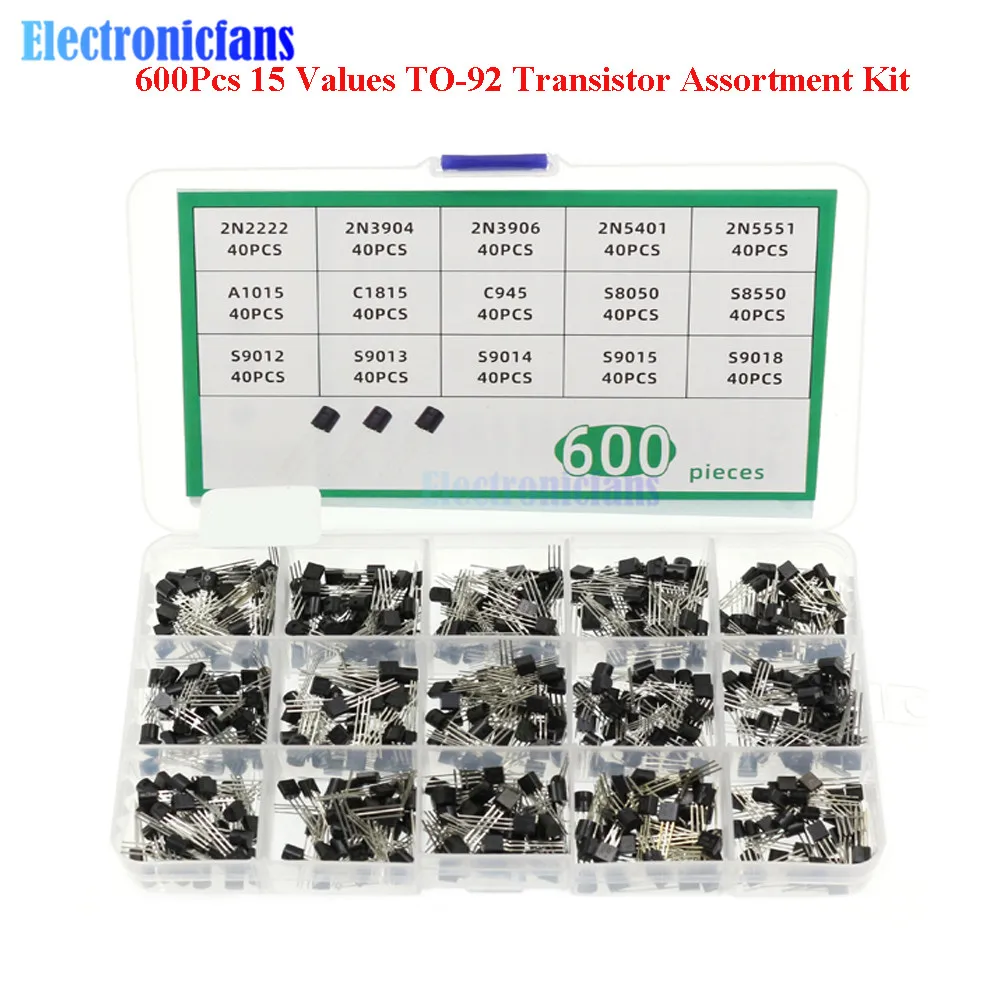 

600Pcs 15 Values x 40 Pcs TO-92 Transistor Assortment Kit 2N2222 2N3904 2N3906 C945 S8050 S8550 S9014 S9013 PNP NPN Transistors