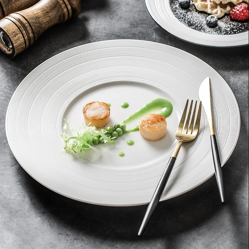 

European Brushed Western Steak Plate Black and White Round Dinner Plate Household 11-inch Dessert Salad Plate Kitchen Tableware