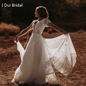 Тюлевое свадебное платье в горошек в стиле бохо с коротким рукавом, шнуровкой и вырезом, свадебное платье, новый стиль, фабричное фото