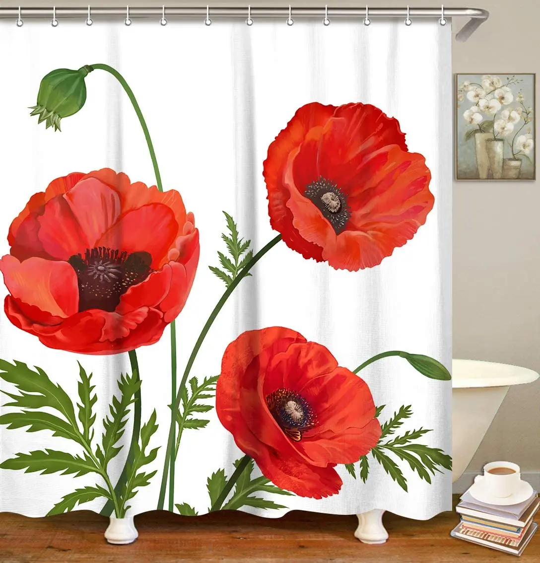 

Poppy Shower Curtain Red Floral Fabric Bathroom Curtain Flowers Home Decoration Set with Hook Machine Washable Bathroom curtains