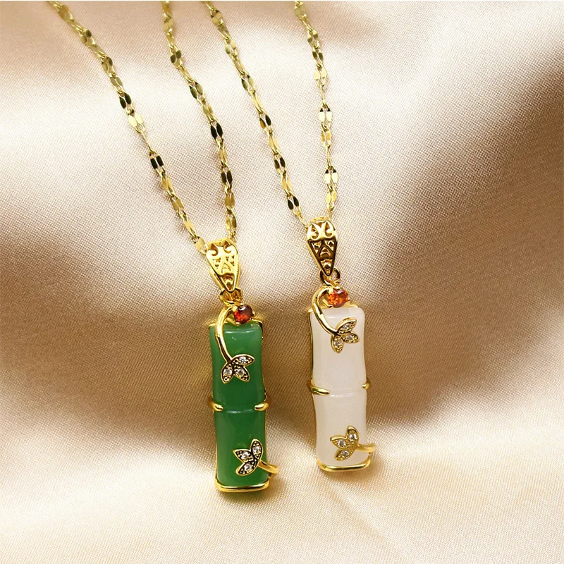 

The new hot selling simple fashion personality all-match retro 18K gold bamboo pendant titanium steel lady necklace