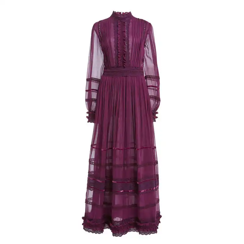 

Vintage Lace Chiffon Long Sleeve Maxi Dress Women Luxury Runway High Quality Elegant Dresses High Street Retro Party Vestidos