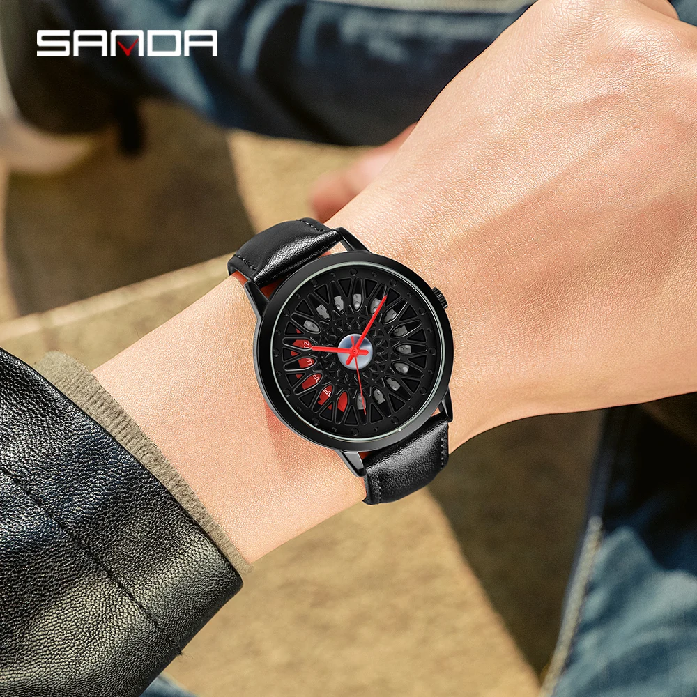

Sanda Car Wheel Watches for Men 2021 Steel Strap 3D Hollow Waterproof Luxury Rim Hub Leather Quratz Wristwatch 1060