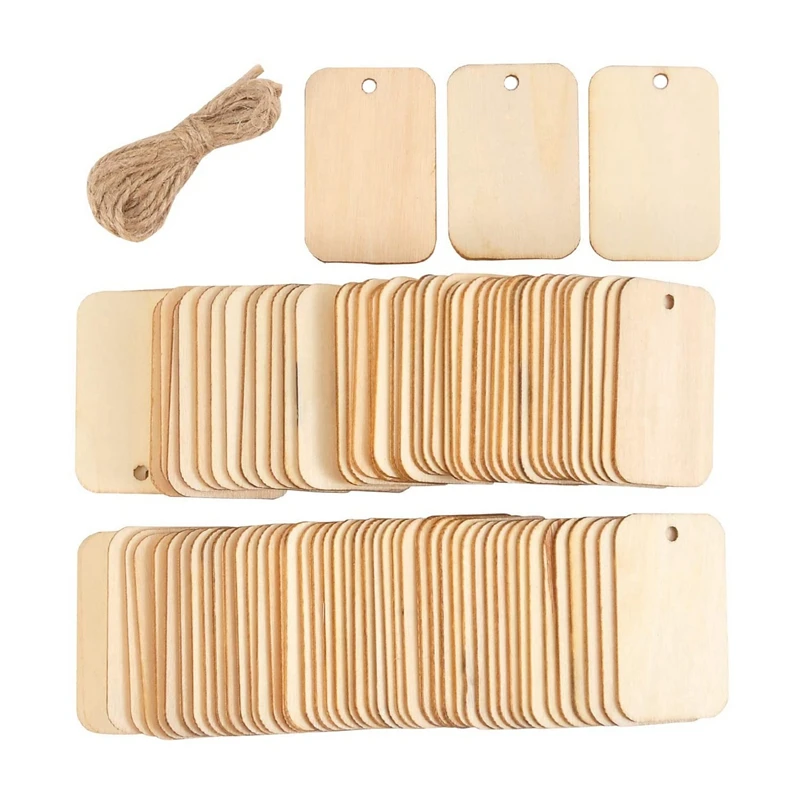 

200Pcs Nature Wood Slice Gift Tags Blank Rectangle Wooden Hanging Label with Hemp Ropes for Wedding Party DIY Decor