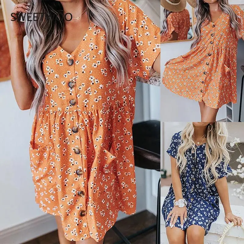 

2021 Summer Dress Female Printed V-Neck Short-Sleeved Single-Breasted Loose Floral Mini Dress Vestidos