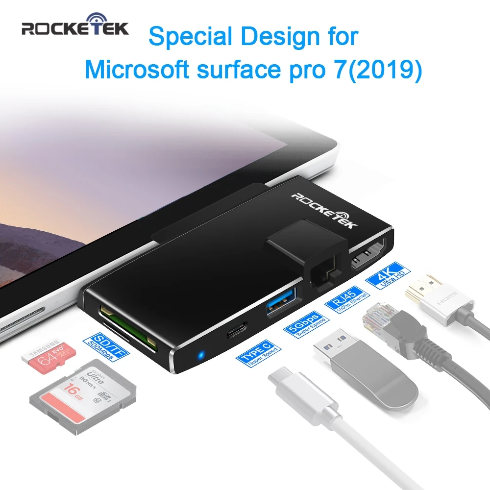 

Rocketek usb 3.0 HUB 4K HDMI-compatibl 1000Mbps Gigabit Ethernet micro SD/TF for Microsoft Surface Pro 7 Laptop Docking Stations