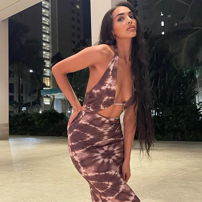Summer Dress Women Hollow Out Front Halter Floral Print Backless Slim Long Party Dresses  Ladies Club Vestidos