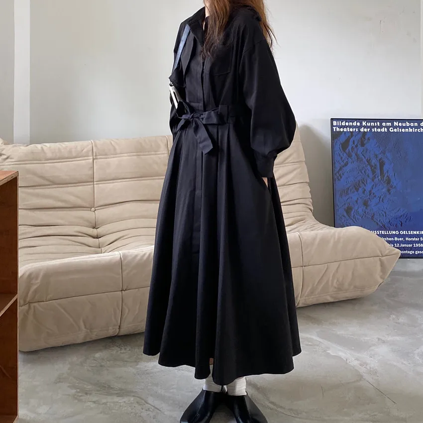 2021 New Women Spring Black Long Shirt Trench Coat Waistbelt Full Sleeve A-line Windbreaker Overcoat Outwear