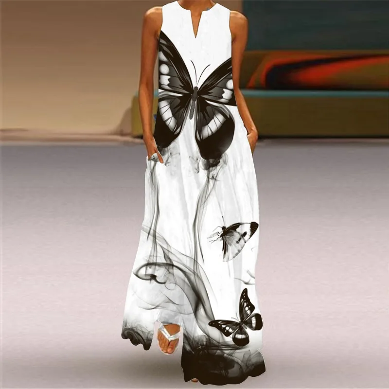 MOVOKAKA New White Dress 2021 Casual Plus Size Sleeveless Long Dresses Summer Woman Butterfly Print Girls Beach Maxi Dress Women