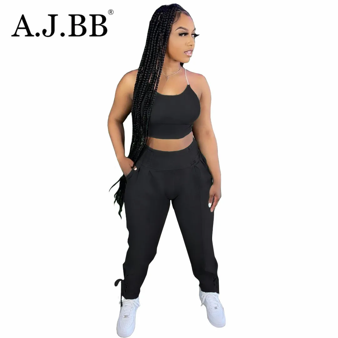 

2021 summer new fashion solid color leisure sports two-piece slim O-neck sleeveless vest and trousers women's suit