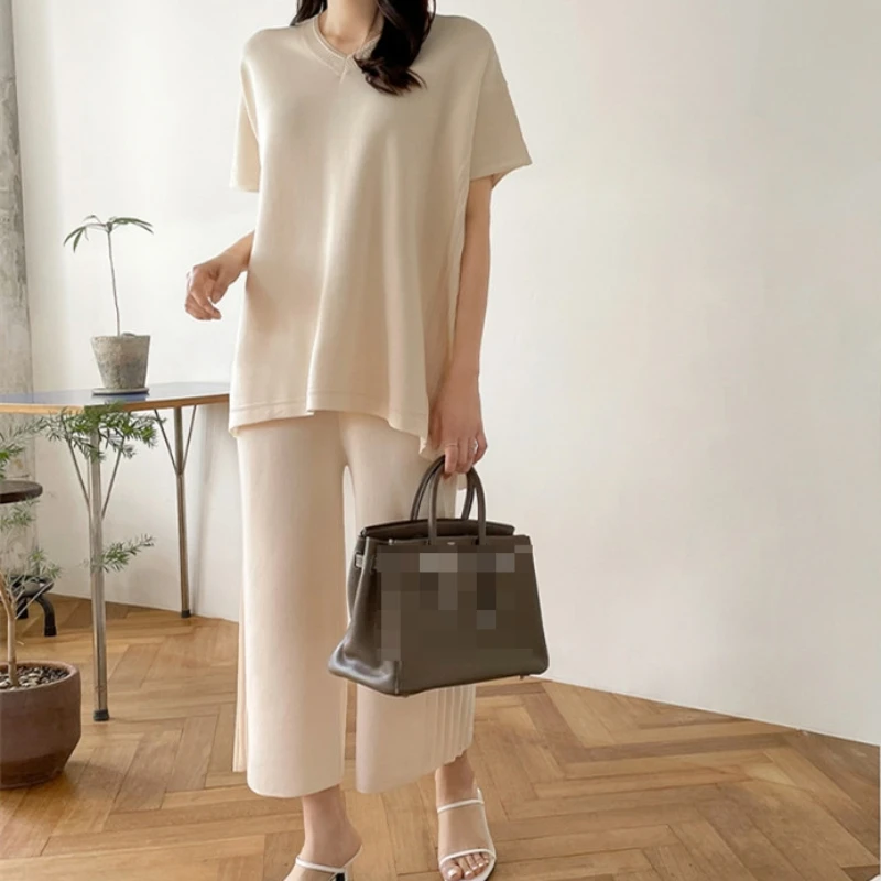 

Summer Women's Knitted Suit Solid Casual 2 Piece Set Female Outfits Loose V-Neck Bat Sleeve Top Ice Silk Knitted Straight Pants