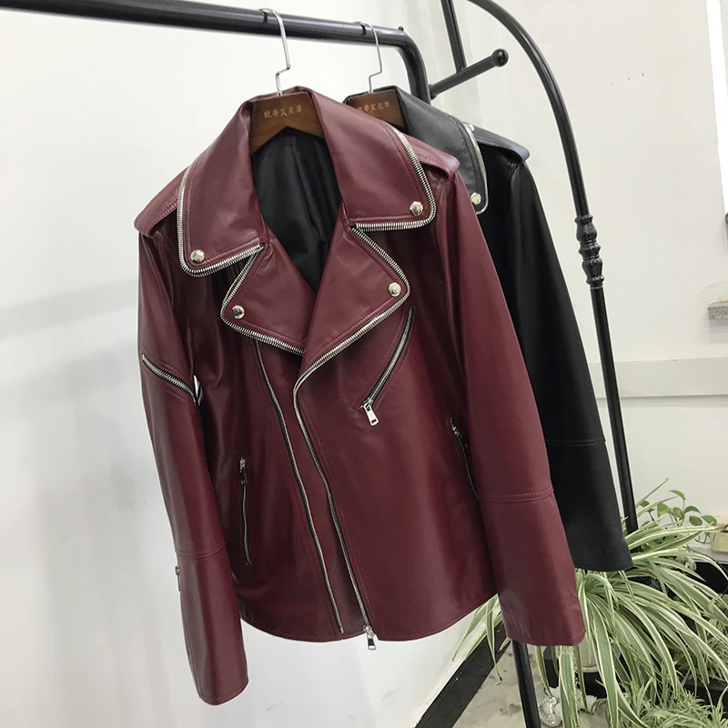 JAZZEVAR 2023 New High Fashion Street Women Real Sheep Skin Leather Jacket Wine red Genuine Leather zipper Motorcycle Jackets