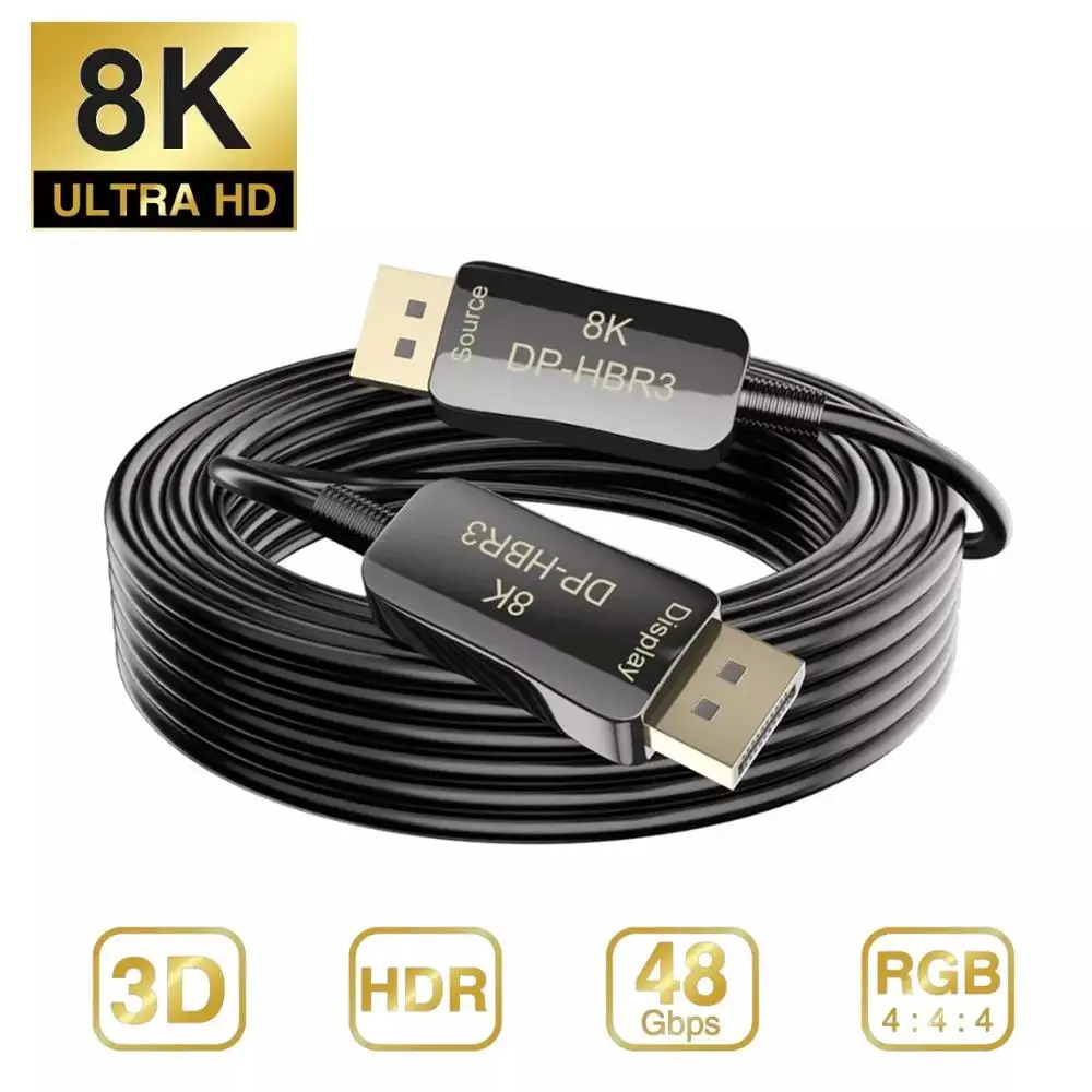 

8K Fiber DisplayPort Cable 10m 20m 30m DP1.4 HBR3 8K@60Hz 4K@144Hz High Speed 32.4Gbps Optical Fiber Slim and Flexible DP to DP