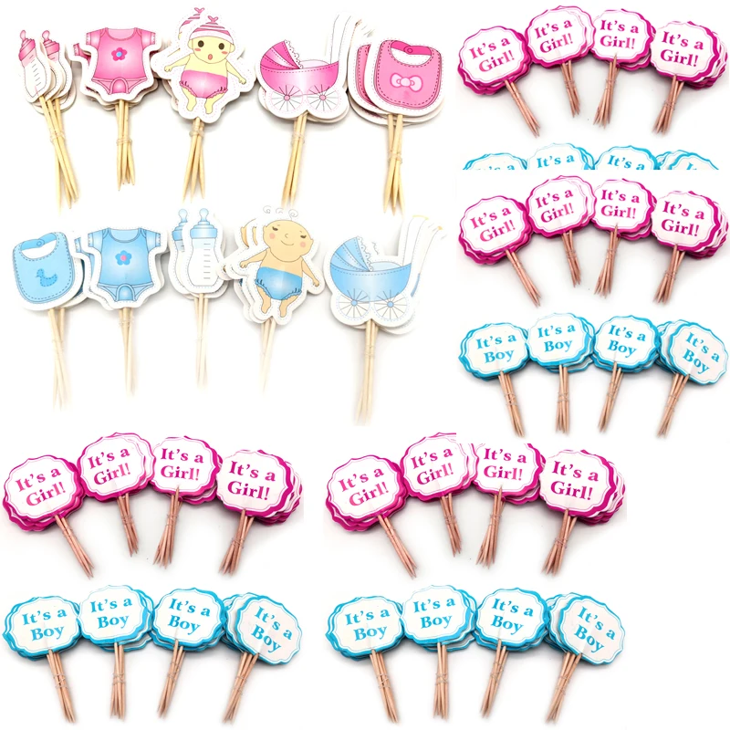 

240pc/lot Baby Shower Decorate Birthday Party Kids Favors Baby Clothes Carriage Bottle Boy Girl Cupcake Cake Toppers With Sticks