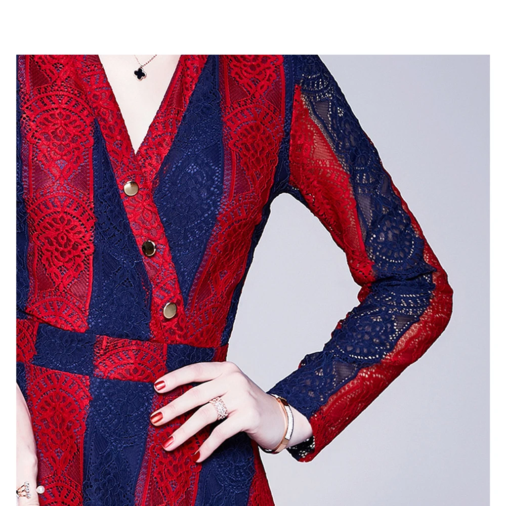 

Simgent Stripe Dress Women High Quality Lace Buttons Long Sleeve V-Neck A Line Midi Dresses Vestidos Jurken Robe Femme SG003252