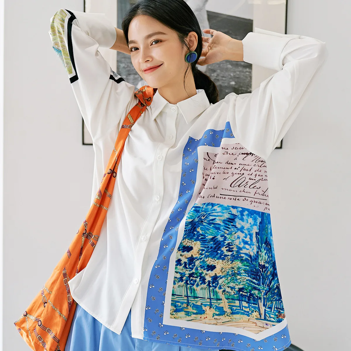 Женская рубашка с отложным воротником принтом на весну и осень 2019 Новая модная