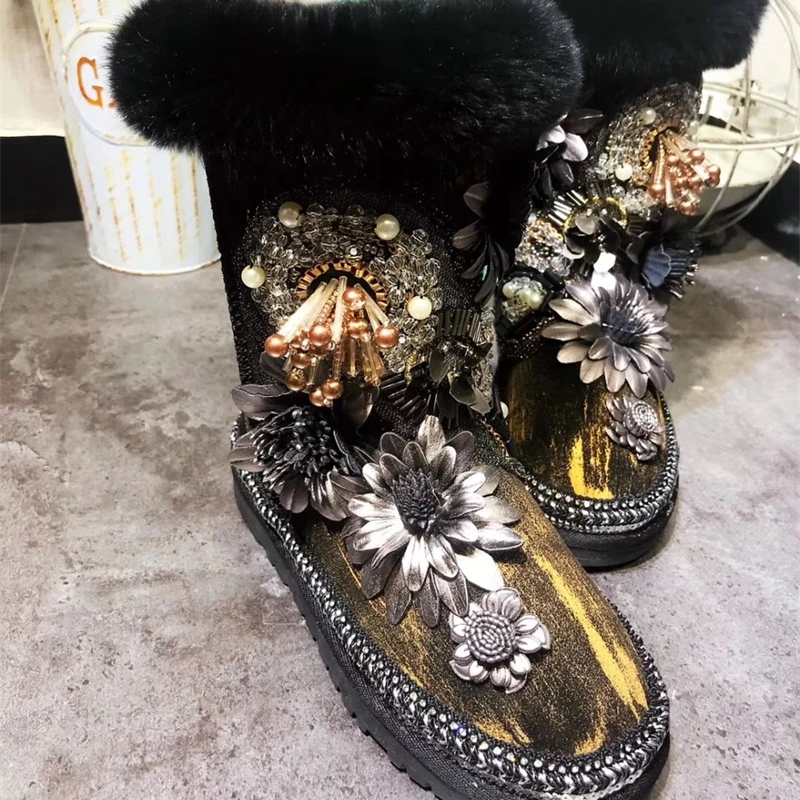 

diy homemade handmade beadwork heavy vintage flower waterproof leather wool one snow boots cotton shoes boots