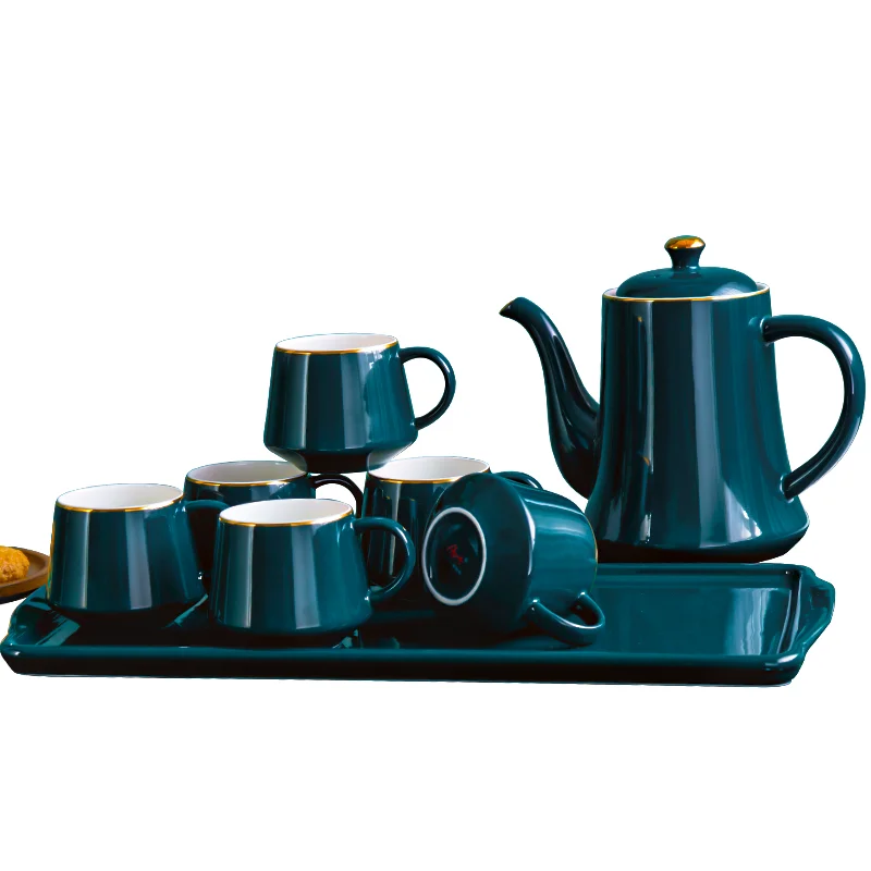 8 Pieces Tea Cup Set Luxury Peacock Green Ceramic Cup Suit with Tray Home Office Collection Kettle Suit Festival Gifts