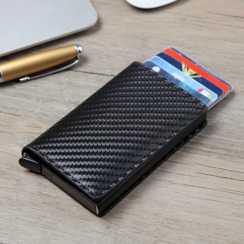 

Men Automatic Credit card holder carbon fiber Leather Wallet Aluminum Mini Wallet With Back Pocket ID Card RFID Blocking purse