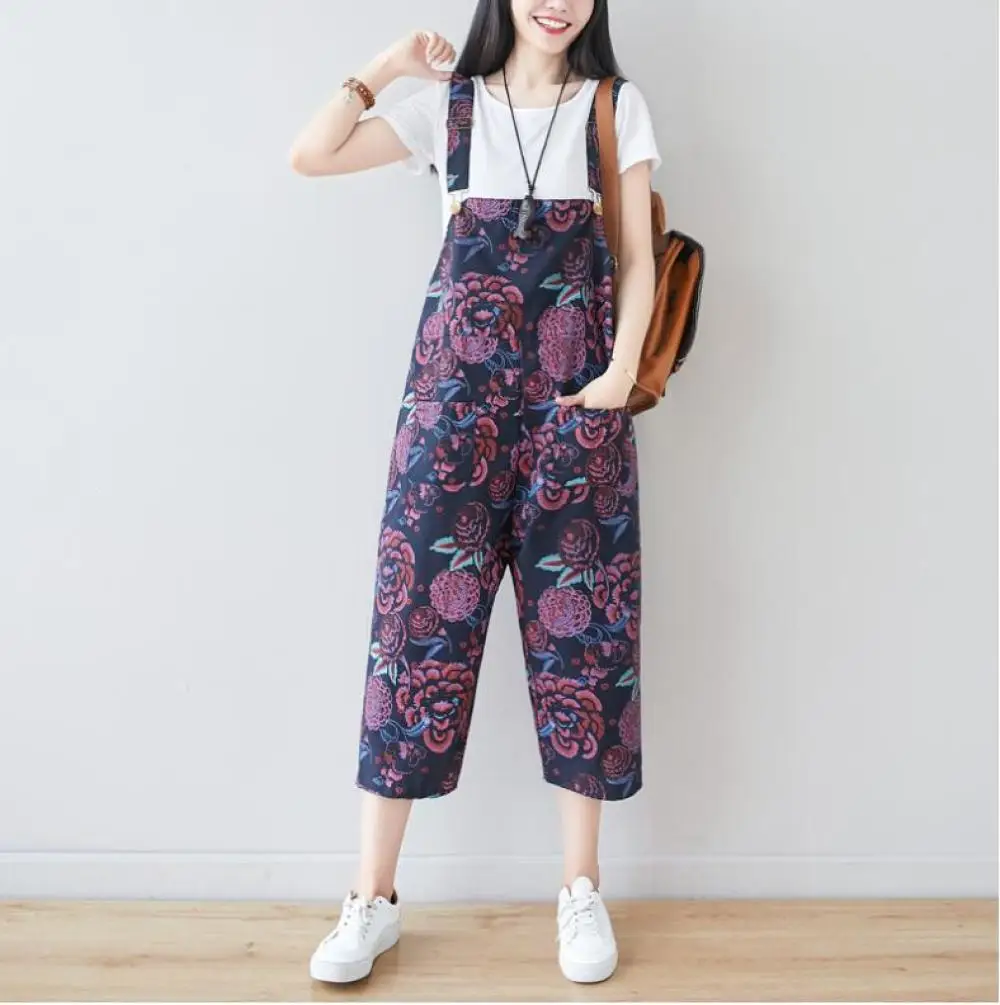 Literary Womens Fashion Floral Print Seven-point Jumpsuit National Style New Adjustable Cotton Linen Loose Trousers
