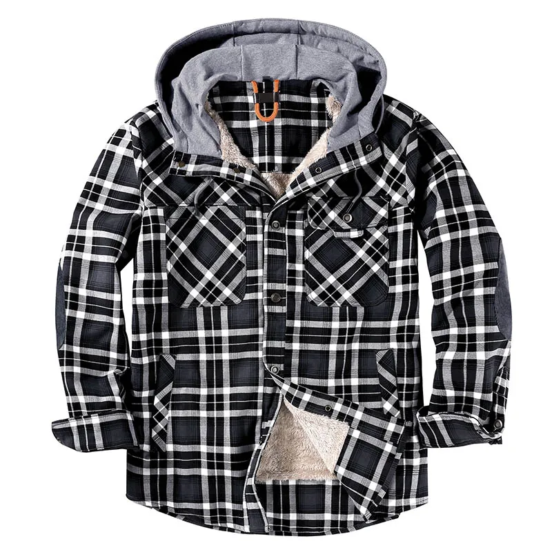2022 Winter Casual Plaid Thickened Warm Fleece Men's Cotton Loose Long-Sleeved Shirt Hooded Single-Breasted Jacket