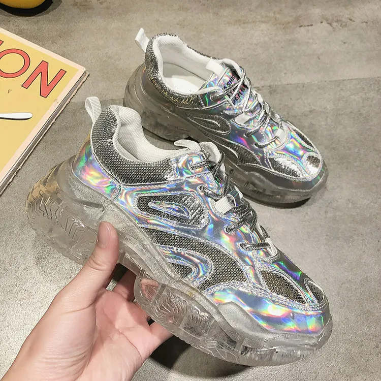 Блестящие повседневные женские кроссовки коллекция 2019 года на платформе Модные