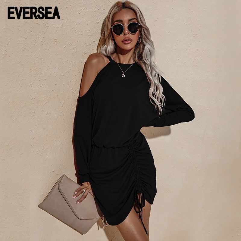 

Eversea Women Long Sleeve Dress With Open Shoulder Lady Basic Red Or Black Drawstring Baggy One Piece