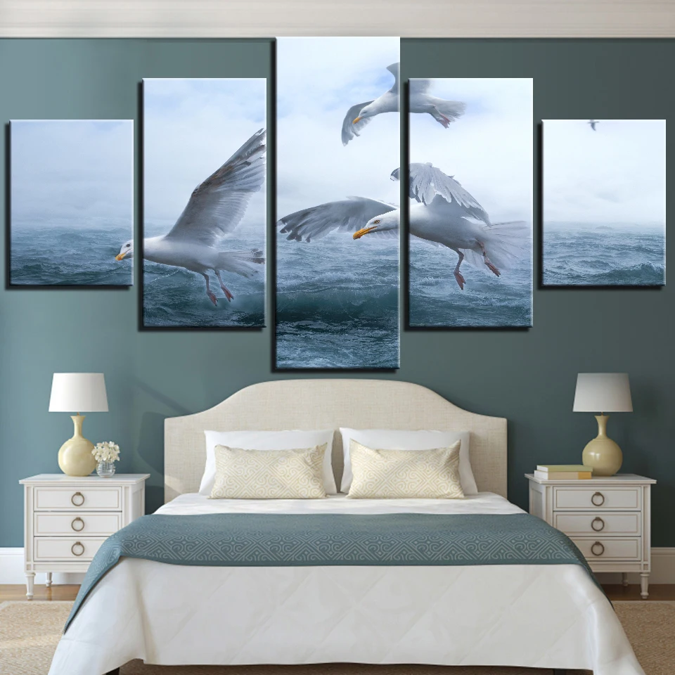 

5 Pieces Animals Birds Painting Canvas Wall Art Pictures Decoration Living Room Print Modern Flying Seagull And Sea Posters