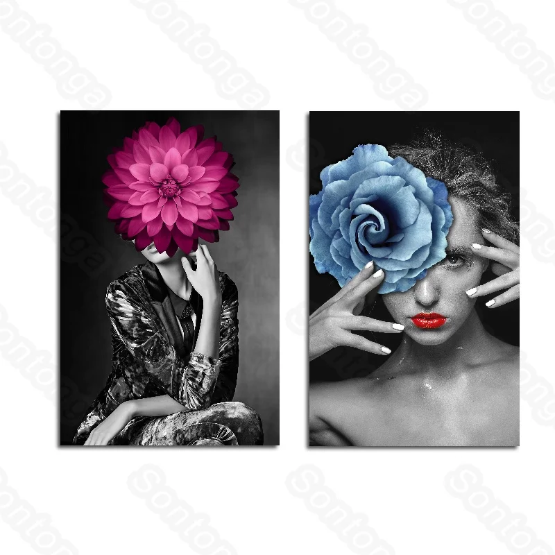 

Figure Painting Blue Flower Art 3D Three-Dimensional Wall Stickers Bedroom Watercolor Painting Art Poster Creative Architectural